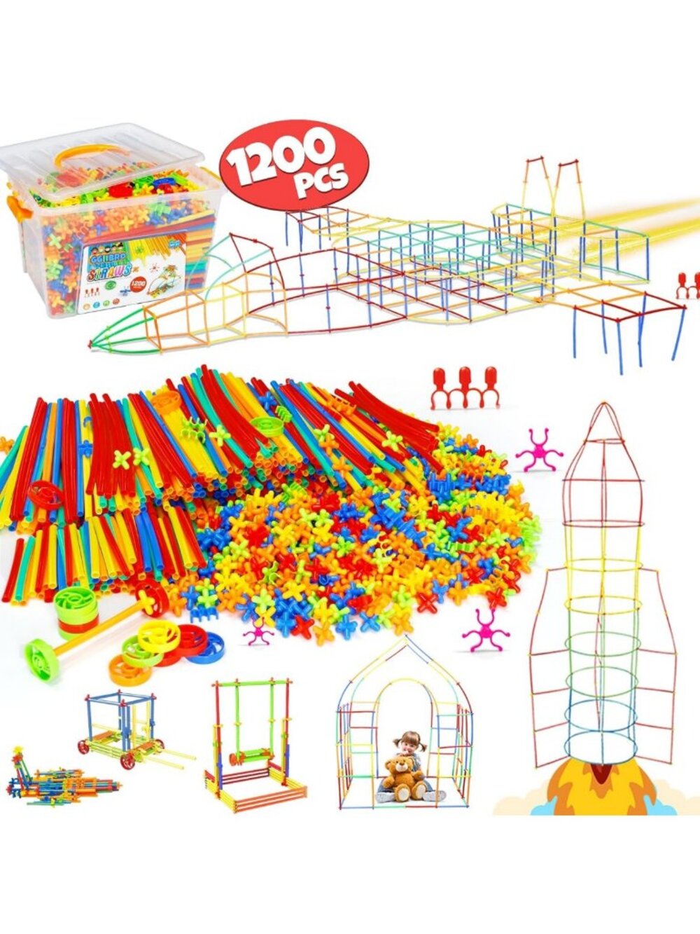 STEM Building Toys 1200pcs - Interlocking Plastic Straw Constructor Set for Kids